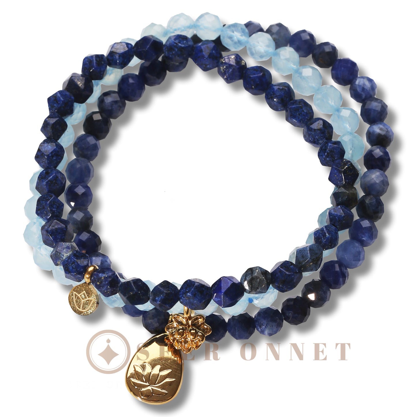 Lotus Bracelet Set Lapis Lazuli Bracelet Aquamarine Bracelet Top view